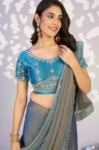 grey ethnic embroidered moss chiffon girlie partywear saree