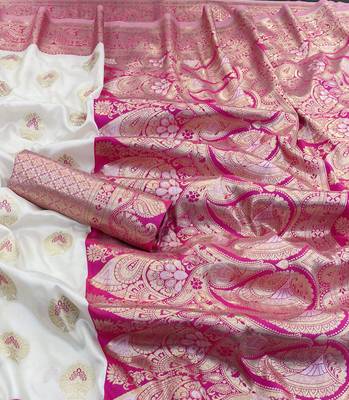 white silk blend kanjivaram zari woven saree with rich border 3