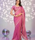 pink color ethnic embroidered moss chiffon fabric girlie partywear saree
