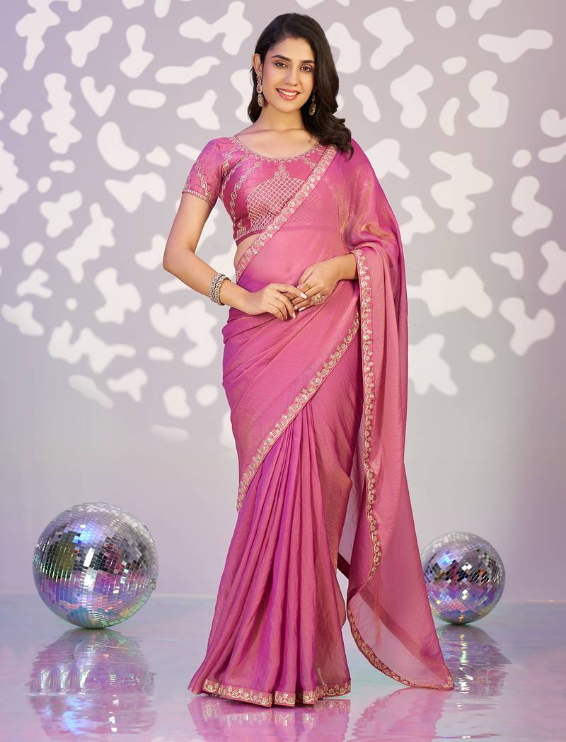 pink color ethnic embroidered moss chiffon fabric girlie partywear saree