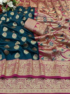 blue silk blend kanjivaram zari woven saree with rich border 1