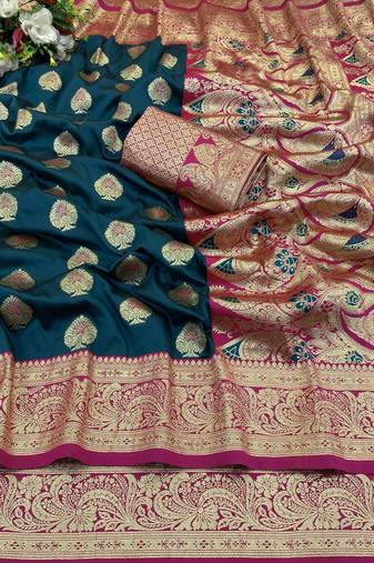 blue banarasi silk blend kanjivaram zari woven saree withh rich border