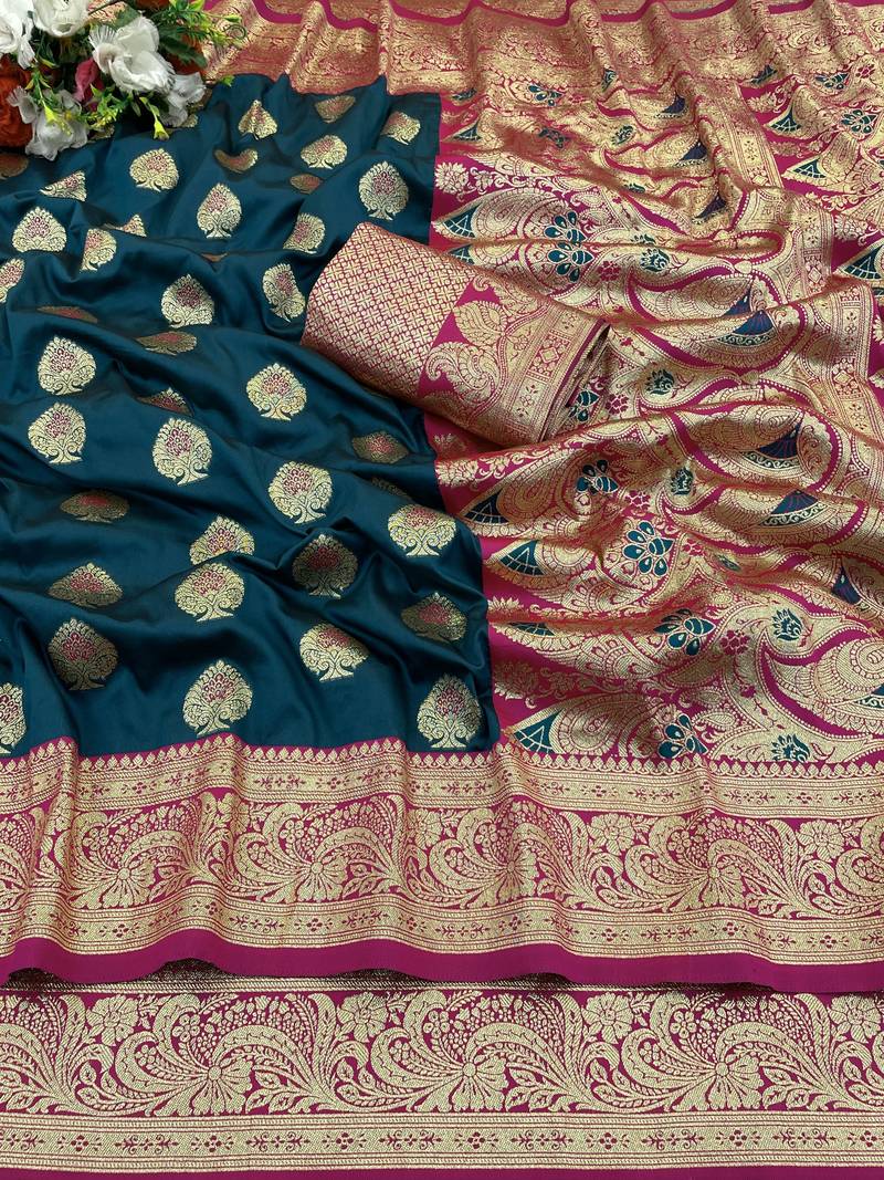 blue banarasi silk blend kanjivaram zari woven saree withh rich border