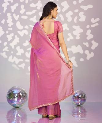 pink ethnic embroidered moss chiffon girlie partywear saree 2