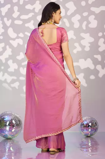 pink ethnic embroidered moss chiffon girlie partywear saree