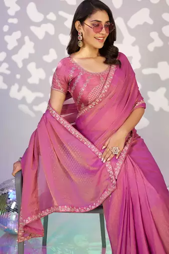 pink ethnic embroidered moss chiffon girlie partywear saree