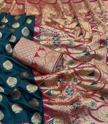 blue silk blend kanjivaram zari woven saree with rich border 3