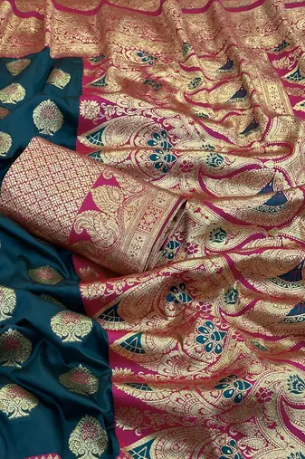 blue silk blend kanjivaram zari woven saree with rich border