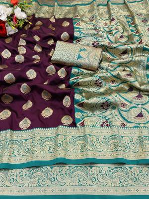 purple silk blend kanjivaram zari woven saree with rich border 1