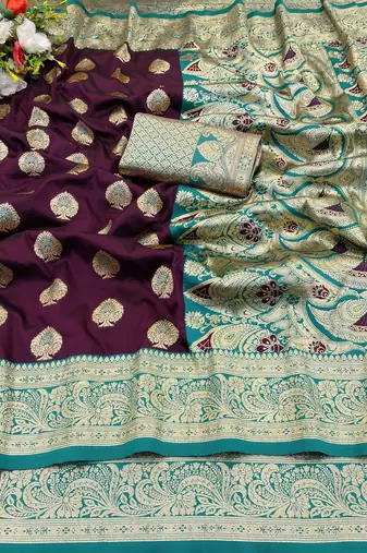 purple banarasi silk blend kanjivaram zari woven saree with rich border