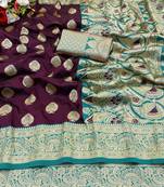 purple banarasi silk blend kanjivaram zari woven saree with rich border