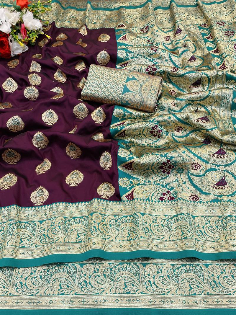 purple banarasi silk blend kanjivaram zari woven saree with rich border