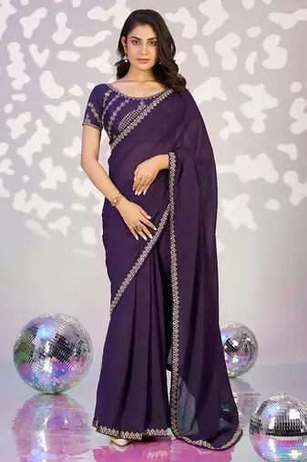 purple color ethnic embroidered moss chiffon fabric girlie partywear saree