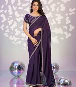 purple color ethnic embroidered moss chiffon fabric girlie partywear saree