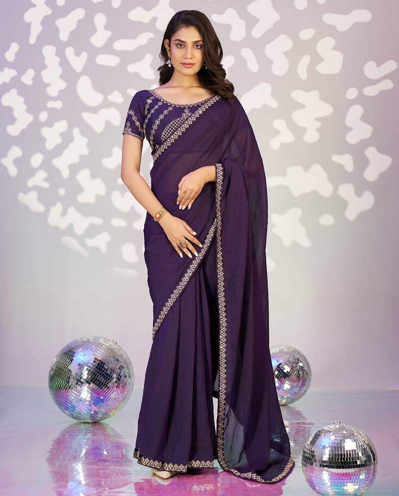purple color ethnic embroidered moss chiffon fabric girlie partywear saree