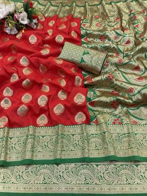 red silk blend kanjivaram zari woven saree with rich border 1