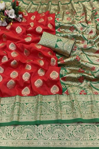 red banarasi silk blend kanjivaram zari woven saree with rich border