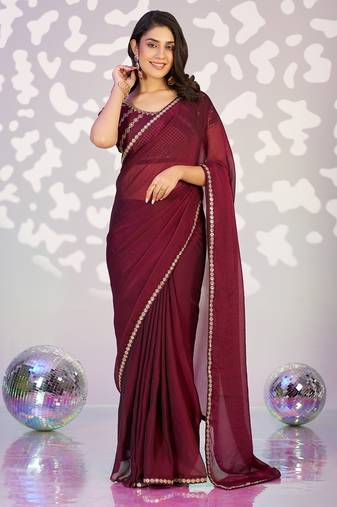wine color ethnic embroidered moss chiffon fabric girlie partywear saree