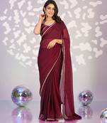 wine color ethnic embroidered moss chiffon fabric girlie partywear saree