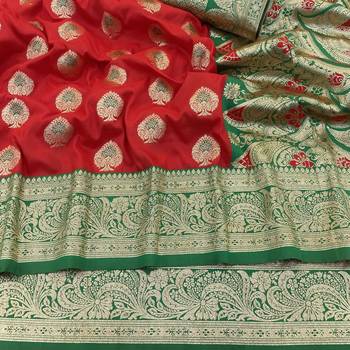 red silk blend kanjivaram zari woven saree with rich border 2