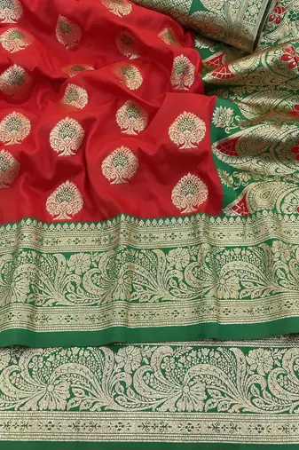 red banarasi silk blend kanjivaram zari woven saree with rich border