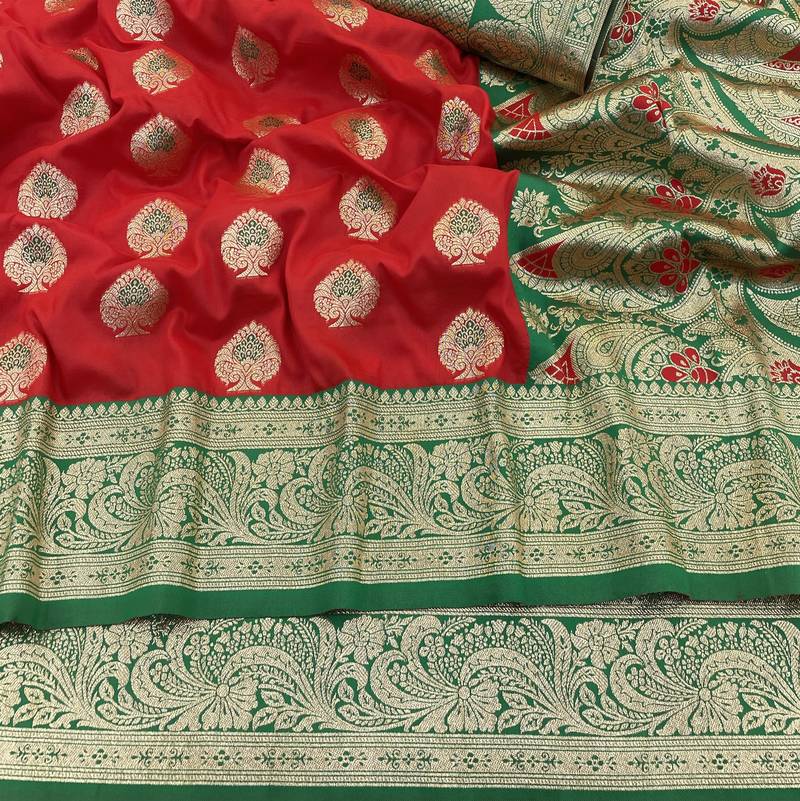red banarasi silk blend kanjivaram zari woven saree with rich border