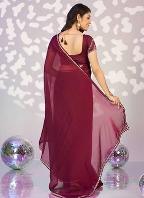 wine ethnic embroidered moss chiffon girlie partywear saree 2