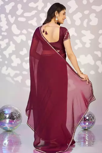 wine ethnic embroidered moss chiffon girlie partywear saree