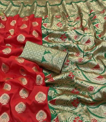red silk blend kanjivaram zari woven saree with rich border 3