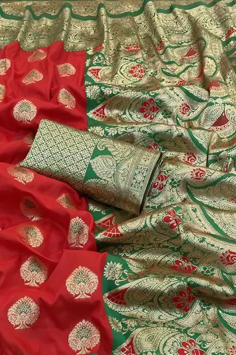 red banarasi silk blend kanjivaram zari woven saree with rich border