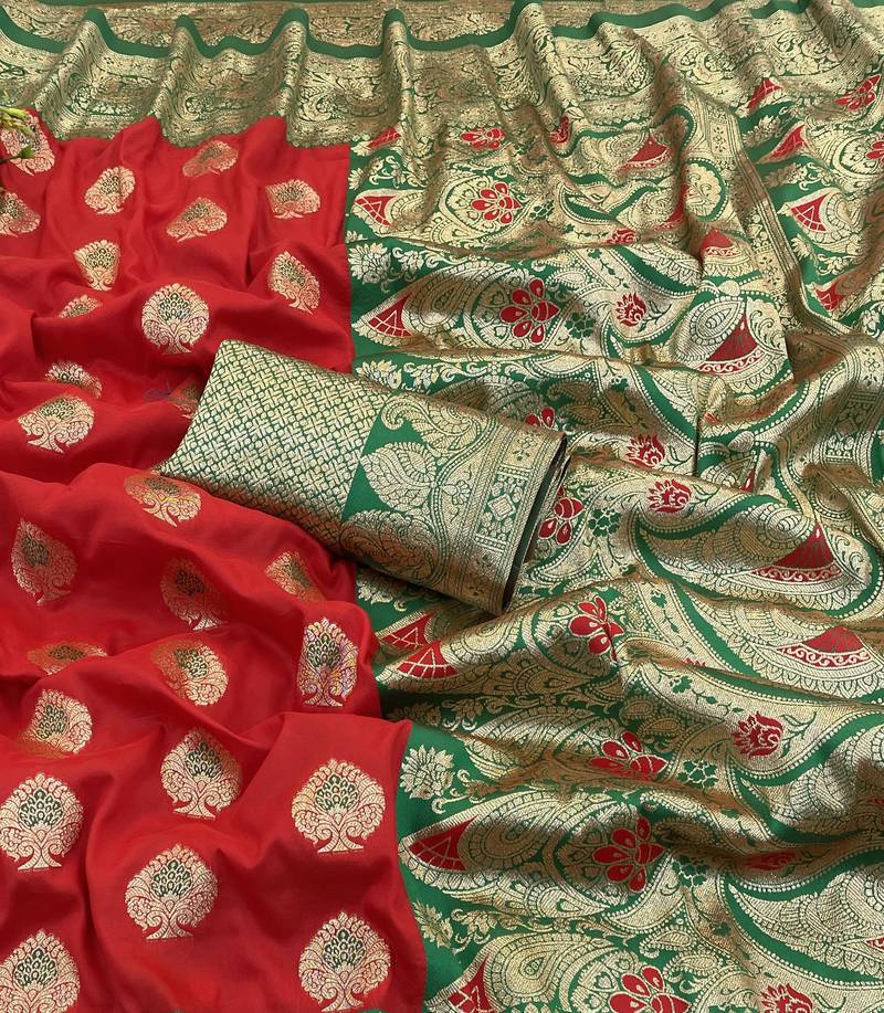 red banarasi silk blend kanjivaram zari woven saree with rich border