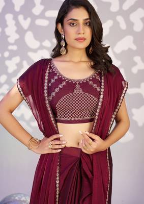 wine ethnic embroidered moss chiffon girlie partywear saree 3