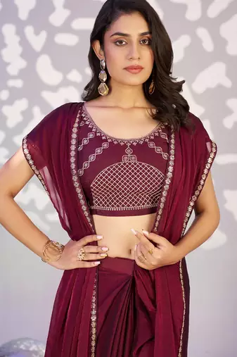 wine ethnic embroidered moss chiffon girlie partywear saree