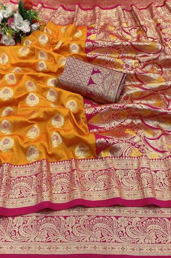orange banarasi silk blend kanjivaram zari woven saree with rich border