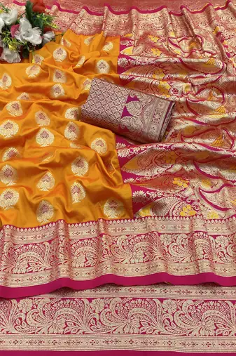 orange banarasi silk blend kanjivaram zari woven saree with rich border