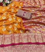 orange banarasi silk blend kanjivaram zari woven saree with rich border