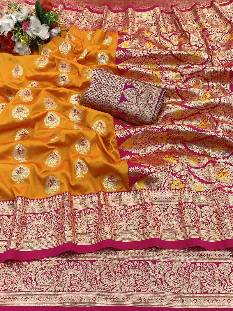 orange banarasi silk blend kanjivaram zari woven saree with rich border