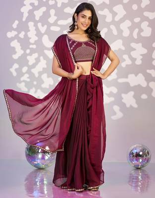 wine ethnic embroidered moss chiffon girlie partywear saree 4