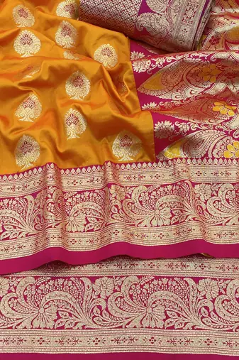 orange silk blend kanjivaram zari woven saree with rich border