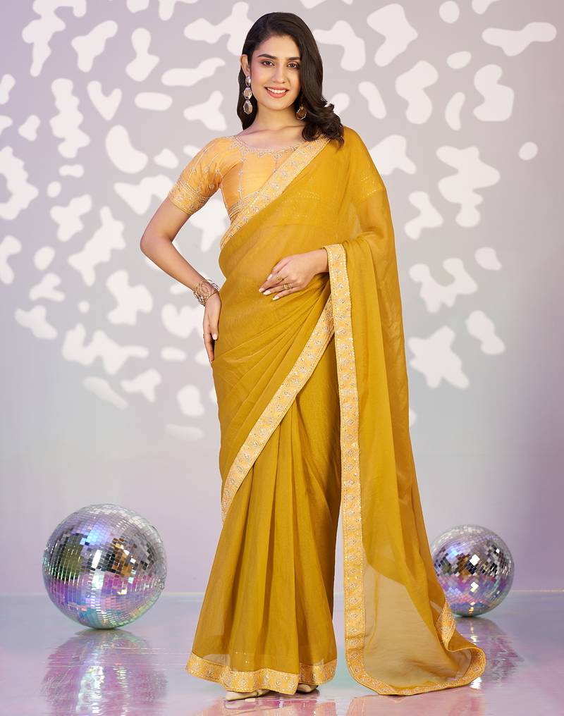 yellow color ethnic embroidered moss chiffon fabric girlie partywear saree