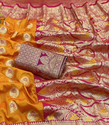 orange silk blend kanjivaram zari woven saree with rich border 3