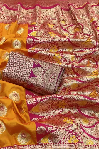orange silk blend kanjivaram zari woven saree with rich border