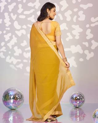 yellow ethnic embroidered moss chiffon girlie partywear saree 2