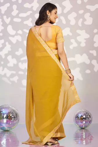 yellow ethnic embroidered moss chiffon girlie partywear saree
