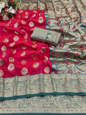 pink silk blend saree with zari woven design 1