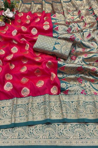 pink banarasi silk blend saree with zari woven design