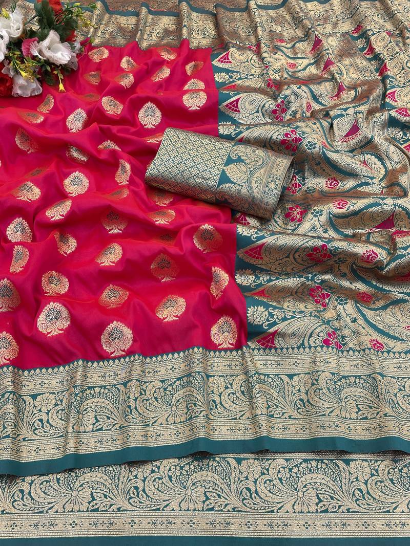 pink banarasi silk blend saree with zari woven design