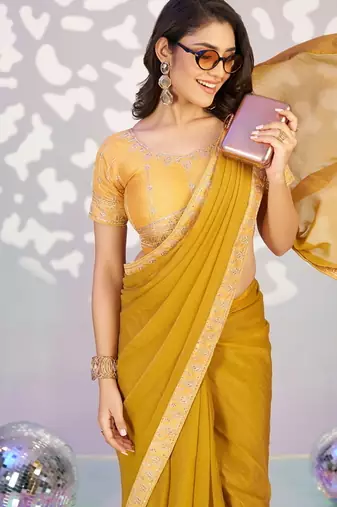 yellow ethnic embroidered moss chiffon girlie partywear saree