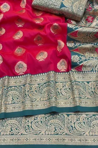 pink silk blend saree with zari woven design
