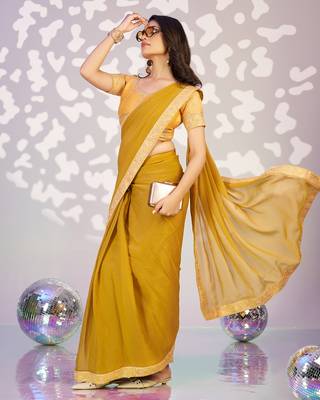 yellow ethnic embroidered moss chiffon girlie partywear saree 4